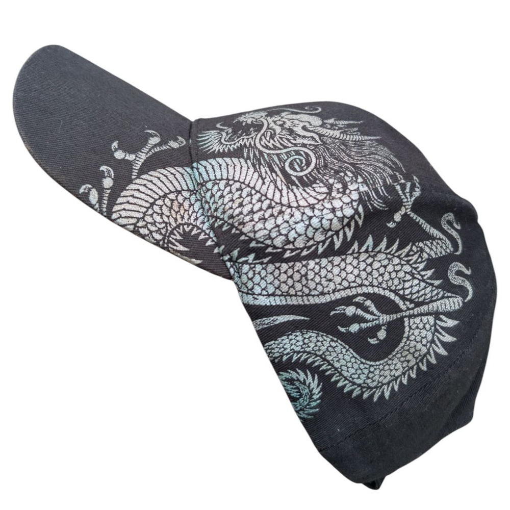Black hat with iridescent dragon and Chinese lettering